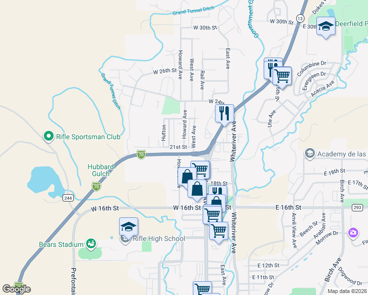 map of restaurants, bars, coffee shops, grocery stores, and more near 2101 Howard Avenue in Rifle