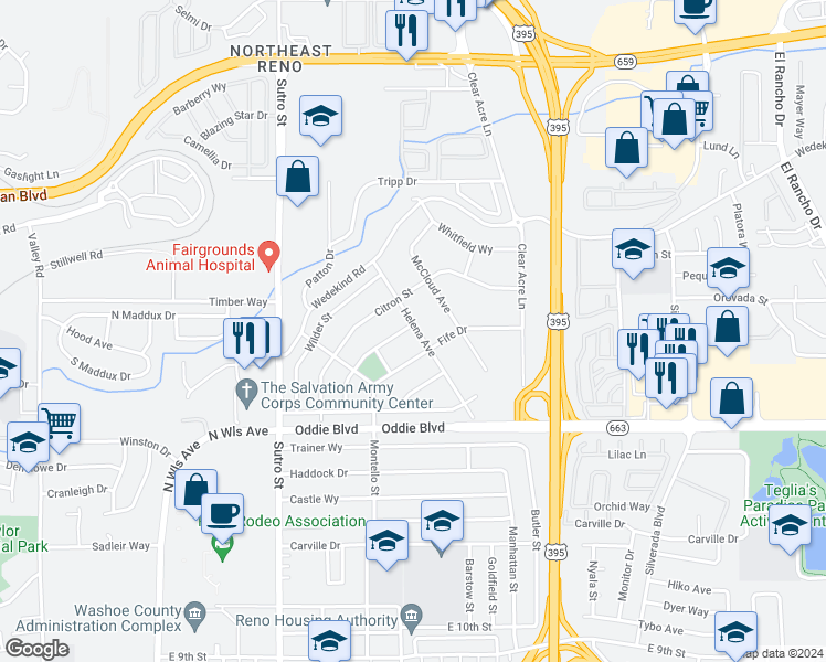 map of restaurants, bars, coffee shops, grocery stores, and more near 1935 Helena Avenue in Reno