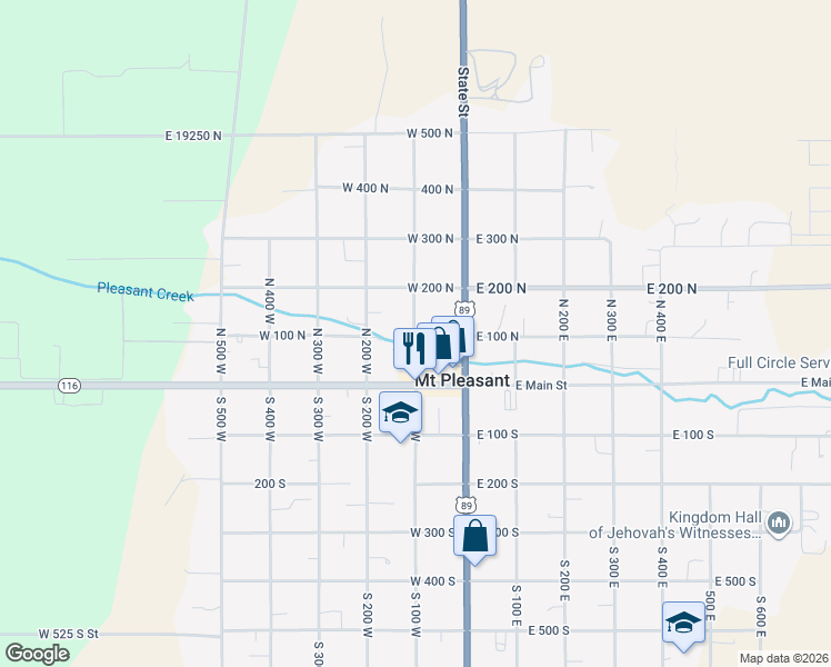 map of restaurants, bars, coffee shops, grocery stores, and more near 165 North 100 West in Mount Pleasant