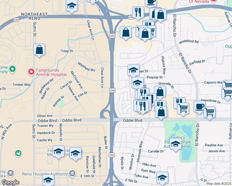 map of restaurants, bars, coffee shops, grocery stores, and more near 2045 Cannan Street in Reno