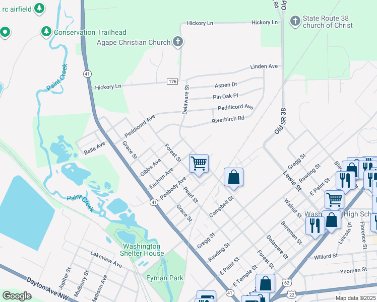 map of restaurants, bars, coffee shops, grocery stores, and more near 633 Gibbs Avenue in Washington Court House