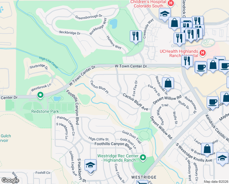 map of restaurants, bars, coffee shops, grocery stores, and more near 2521 Cactus Bluff Place in Littleton