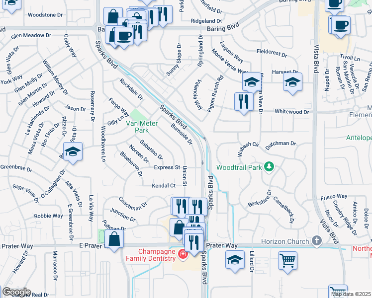map of restaurants, bars, coffee shops, grocery stores, and more near 1860 Burnside Drive in Sparks