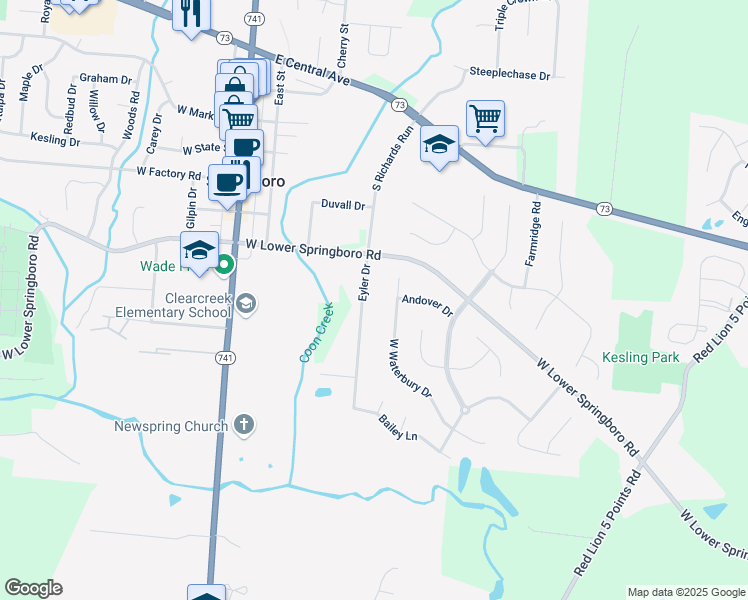 map of restaurants, bars, coffee shops, grocery stores, and more near 7205 Eyler Drive in Springboro