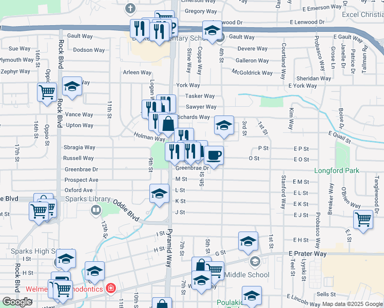 map of restaurants, bars, coffee shops, grocery stores, and more near 610 Greenbrae Drive in Sparks