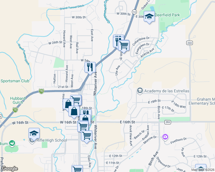 map of restaurants, bars, coffee shops, grocery stores, and more near 2031 Acacia Ave in Rifle