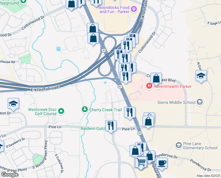 map of restaurants, bars, coffee shops, grocery stores, and more near 9251 South Twenty Mile Road in Parker