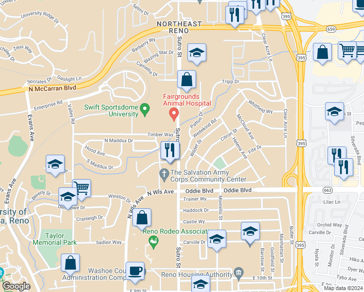 map of restaurants, bars, coffee shops, grocery stores, and more near in Reno