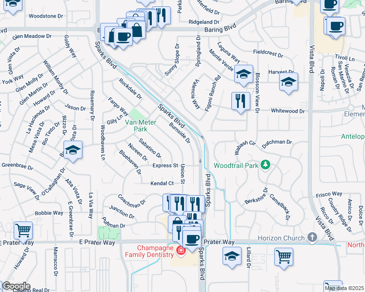 map of restaurants, bars, coffee shops, grocery stores, and more near 1860 Burnside Drive in Sparks