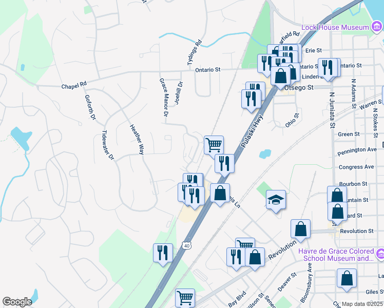 map of restaurants, bars, coffee shops, grocery stores, and more near 1308 Lewis Lane in Havre de Grace