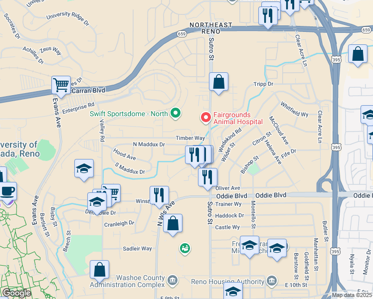 map of restaurants, bars, coffee shops, grocery stores, and more near 2141 Centennial Way in Reno