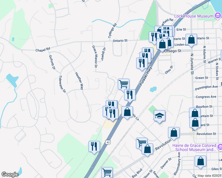 map of restaurants, bars, coffee shops, grocery stores, and more near 1308 Lewis Lane in Havre de Grace