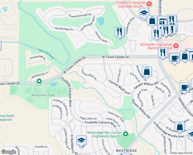map of restaurants, bars, coffee shops, grocery stores, and more near 2521 Cactus Bluff Place in Highlands Ranch
