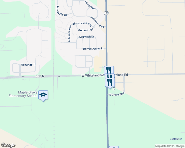 map of restaurants, bars, coffee shops, grocery stores, and more near 3110 West Whiteland Road in Bargersville