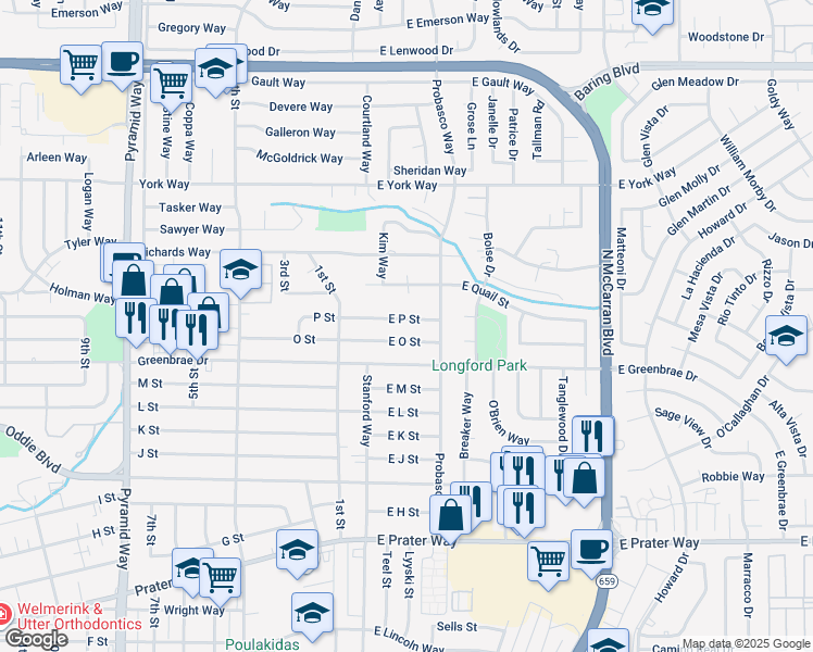 map of restaurants, bars, coffee shops, grocery stores, and more near 14 East P Street in Sparks