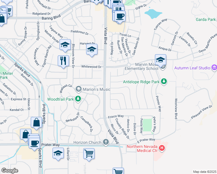 map of restaurants, bars, coffee shops, grocery stores, and more near 1751 Palermo Drive in Sparks