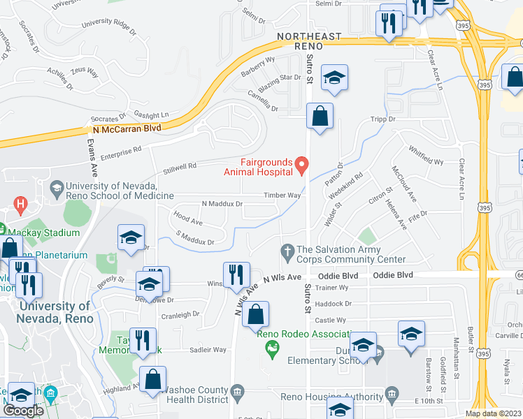map of restaurants, bars, coffee shops, grocery stores, and more near 1044 North Maddux Drive in Reno
