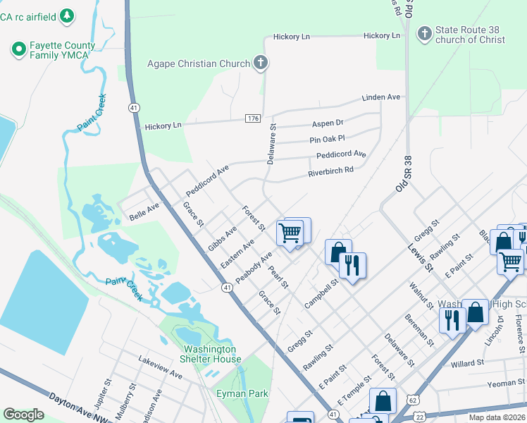 map of restaurants, bars, coffee shops, grocery stores, and more near 633 Gibbs Avenue in Washington Court House