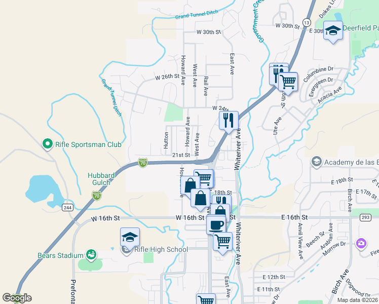 map of restaurants, bars, coffee shops, grocery stores, and more near 2101-2299 Howard Ave in Rifle