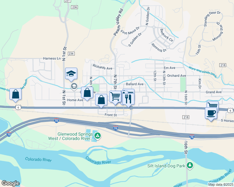 map of restaurants, bars, coffee shops, grocery stores, and more near 730 Grand Avenue in Silt