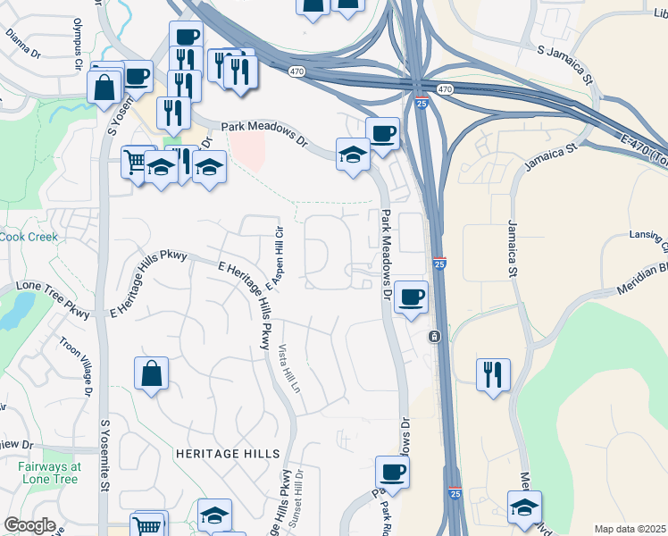 map of restaurants, bars, coffee shops, grocery stores, and more near 10200 Park Meadows Drive in Littleton