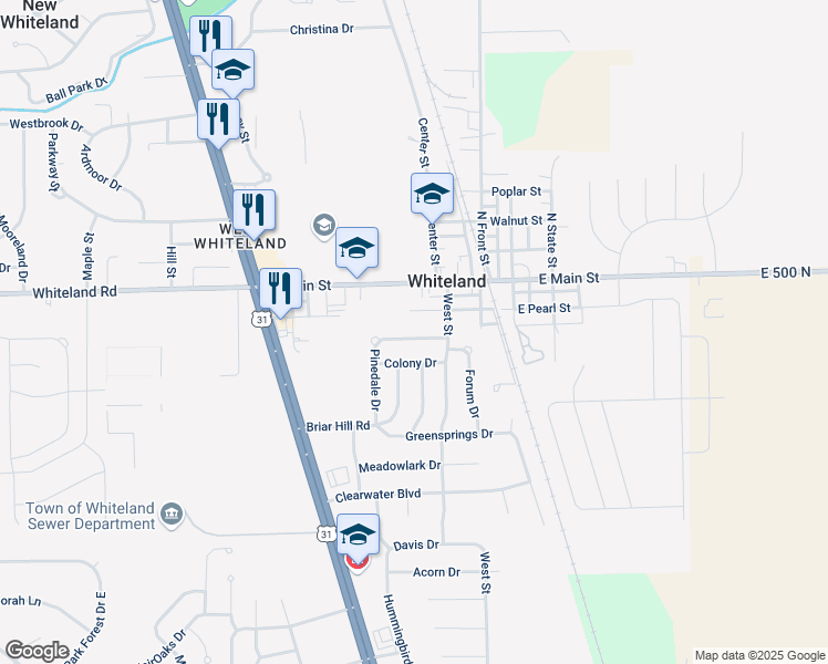 map of restaurants, bars, coffee shops, grocery stores, and more near 429 Pearl Street in Whiteland
