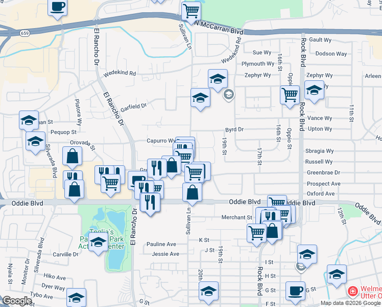 map of restaurants, bars, coffee shops, grocery stores, and more near 1850 Sullivan Lane in Sparks
