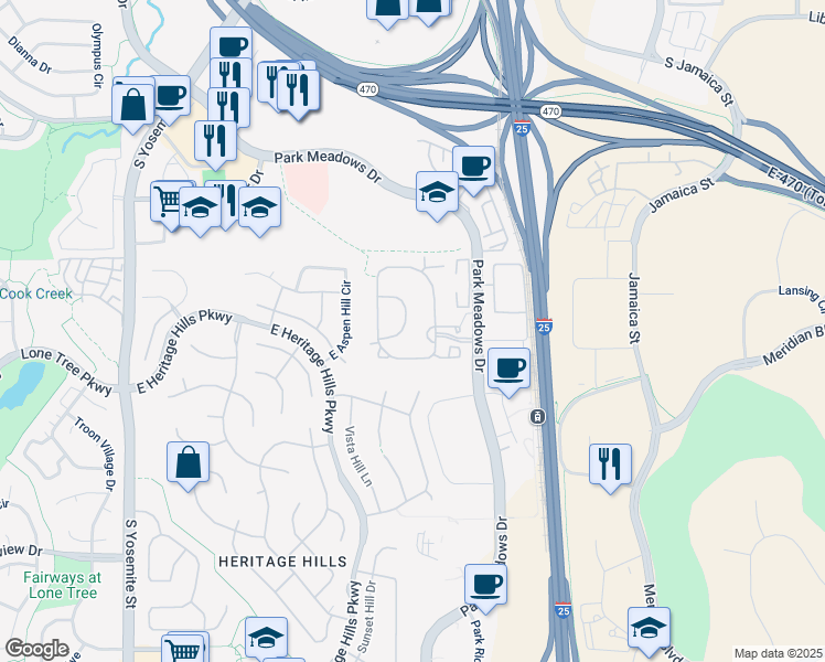 map of restaurants, bars, coffee shops, grocery stores, and more near 10200 Park Meadows Drive in Littleton