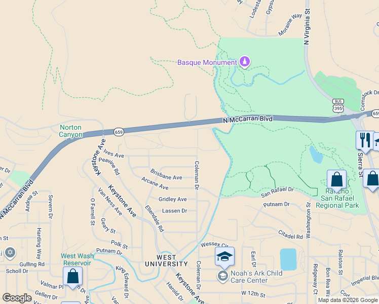map of restaurants, bars, coffee shops, grocery stores, and more near 1855 Ives Avenue in Reno