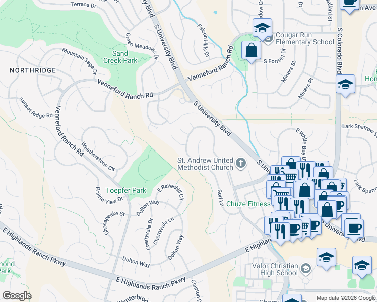 map of restaurants, bars, coffee shops, grocery stores, and more near 9145 Viaggio Way in Littleton