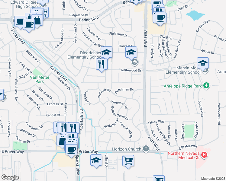 map of restaurants, bars, coffee shops, grocery stores, and more near 1973 Blossom View Drive in Sparks