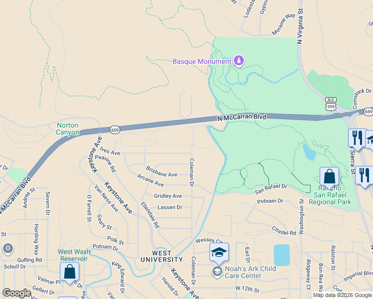map of restaurants, bars, coffee shops, grocery stores, and more near 1855 Ives Avenue in Reno