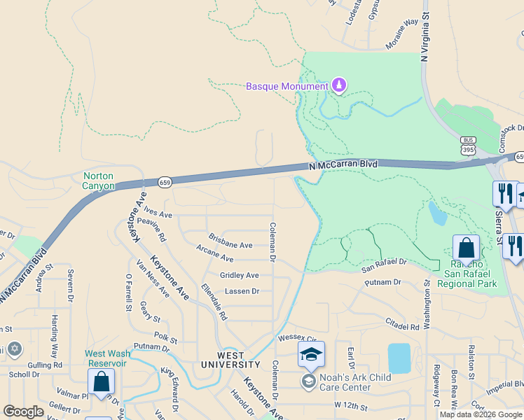map of restaurants, bars, coffee shops, grocery stores, and more near 1855 Ives Avenue in Reno