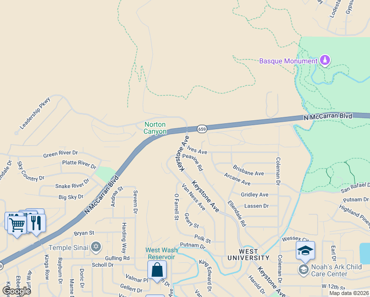 map of restaurants, bars, coffee shops, grocery stores, and more near 2920 Keystone Avenue in Reno
