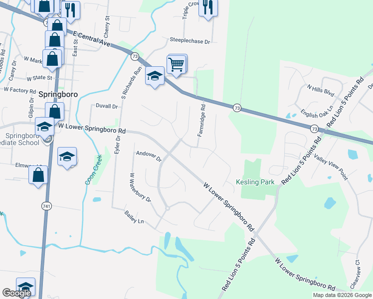 map of restaurants, bars, coffee shops, grocery stores, and more near 499-401 Beckley Farm Way in Springboro