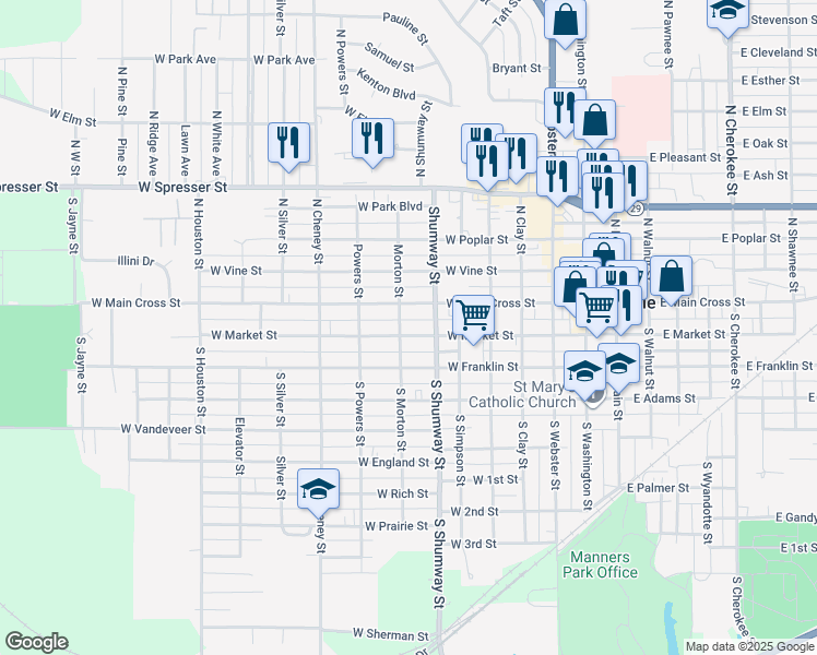 map of restaurants, bars, coffee shops, grocery stores, and more near 704 West Main Cross Street in Taylorville