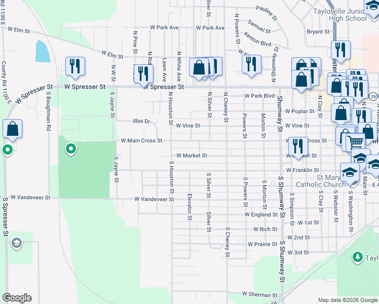 map of restaurants, bars, coffee shops, grocery stores, and more near 1220 West Main Cross Street in Taylorville