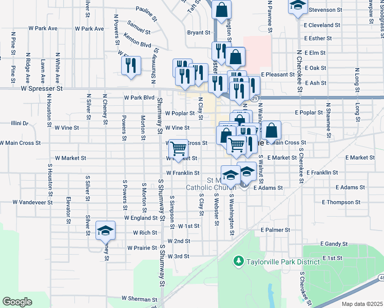 map of restaurants, bars, coffee shops, grocery stores, and more near 416 W Main Cross St in Taylorville