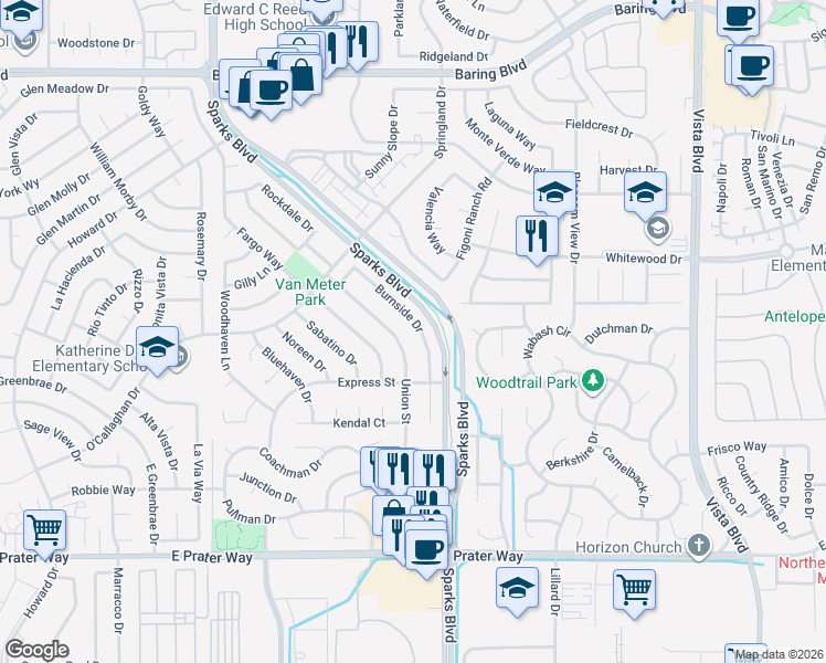 map of restaurants, bars, coffee shops, grocery stores, and more near 1860 Burnside Drive in Sparks