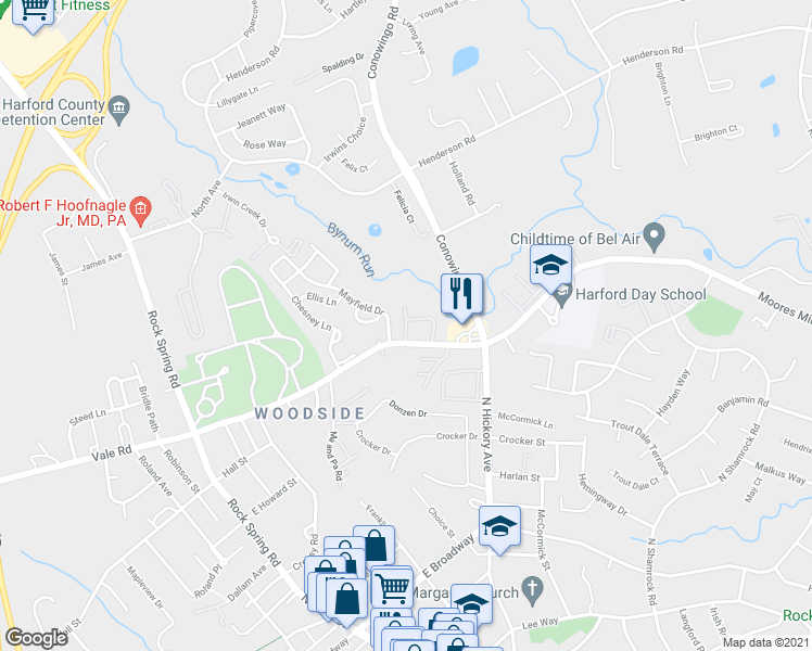 map of restaurants, bars, coffee shops, grocery stores, and more near 800 Old English Court in Bel Air