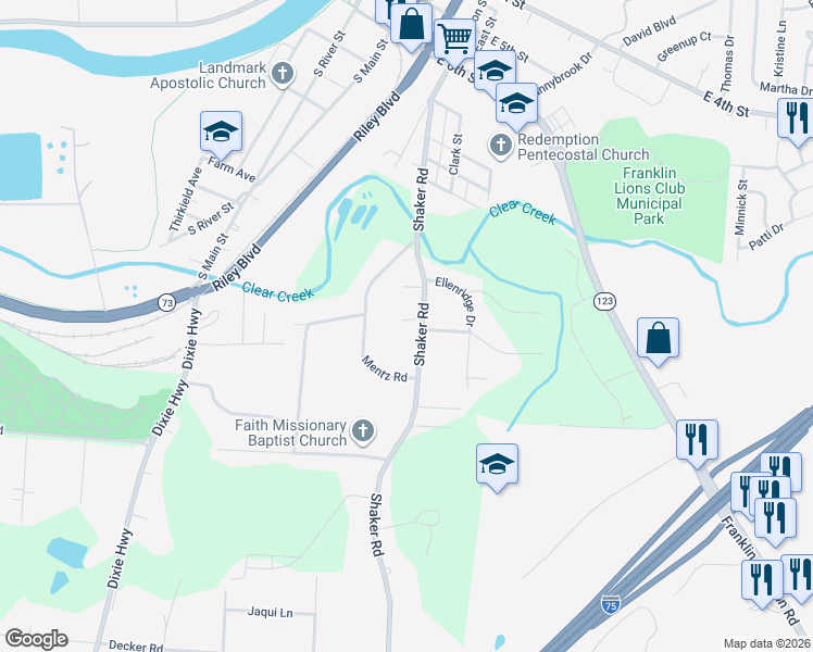 map of restaurants, bars, coffee shops, grocery stores, and more near 7308 Mentz Road in Franklin