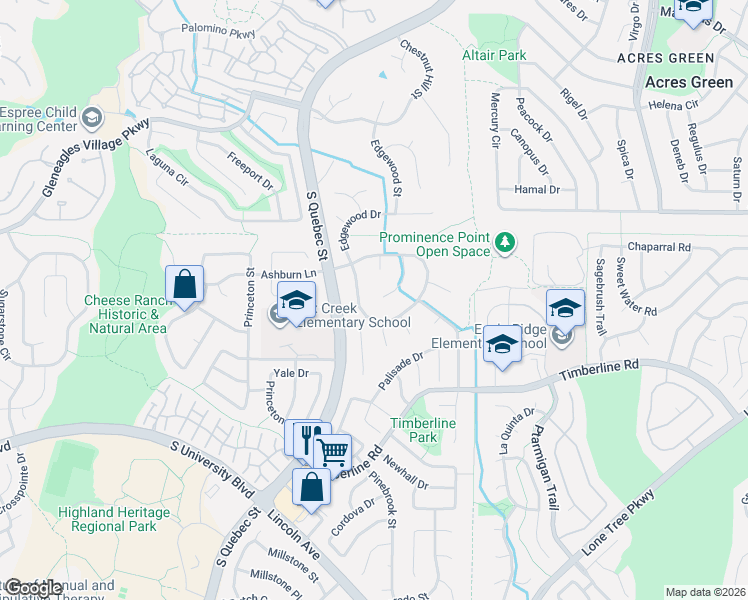 map of restaurants, bars, coffee shops, grocery stores, and more near 9245 Mountain Brush Court in Littleton
