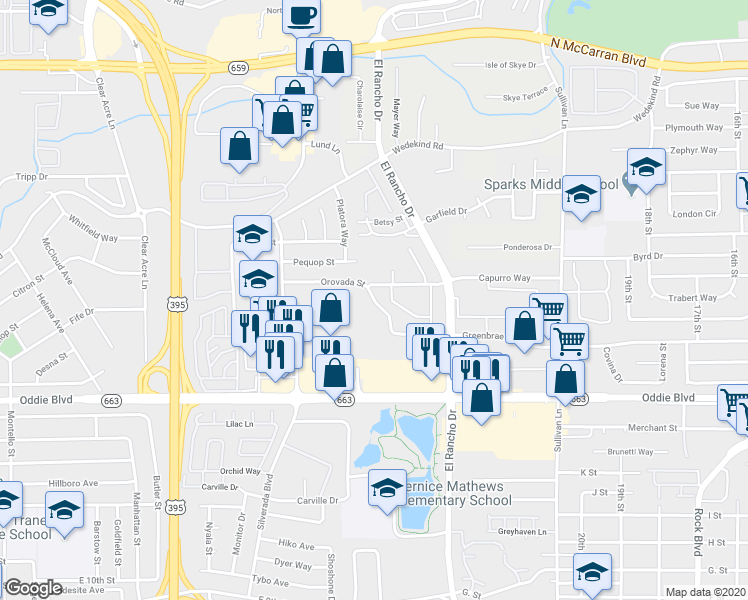 map of restaurants, bars, coffee shops, grocery stores, and more near 1776 Oravada Street in Sparks