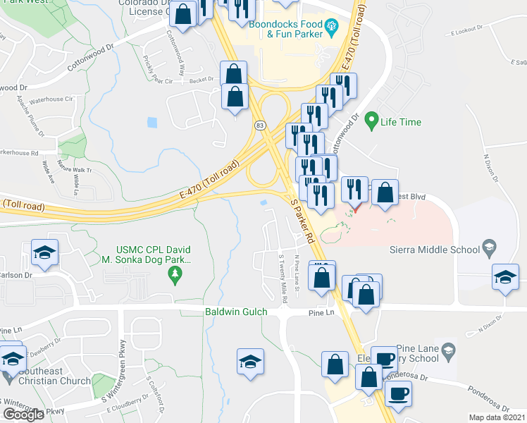 map of restaurants, bars, coffee shops, grocery stores, and more near 9251 South Twenty Mile Road in Parker