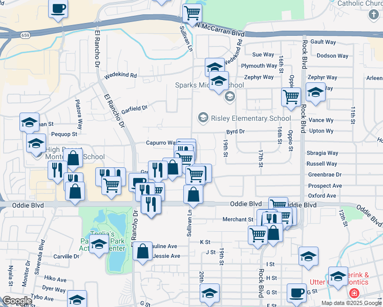 map of restaurants, bars, coffee shops, grocery stores, and more near 1800 Sullivan Lane in Sparks