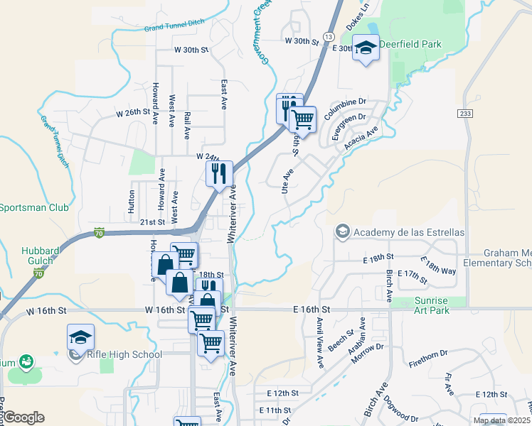 map of restaurants, bars, coffee shops, grocery stores, and more near 2031 Acacia Avenue in Rifle