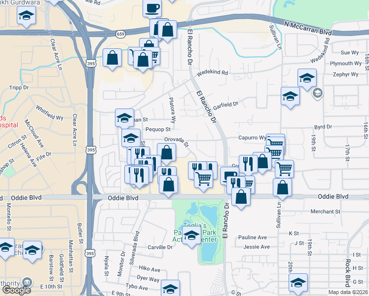map of restaurants, bars, coffee shops, grocery stores, and more near 2455 Orovada Street in Sparks