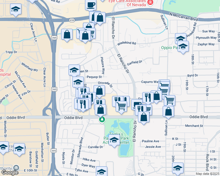 map of restaurants, bars, coffee shops, grocery stores, and more near 2455 Orovada Street in Sparks