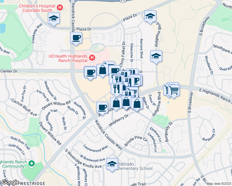 map of restaurants, bars, coffee shops, grocery stores, and more near 1100 Sergeant Jon Stiles Drive in Highlands Ranch