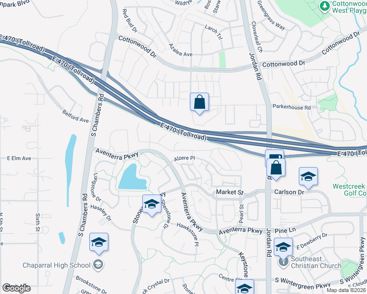 map of restaurants, bars, coffee shops, grocery stores, and more near 16271 Alberta Drive in Parker